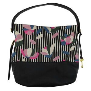 Fossil Maya Hobo Black Pebbled Leather Stripe Flower Floral Canvas Shoulder Bag